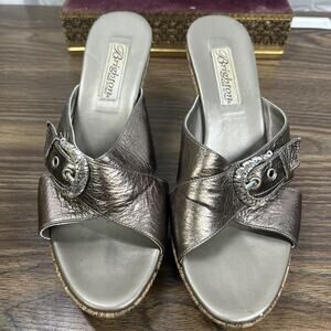 BRIGHTON Metallic Leather Open Toe Italy Cork Wedge Heels Sandals Shoes Sz 7.5M